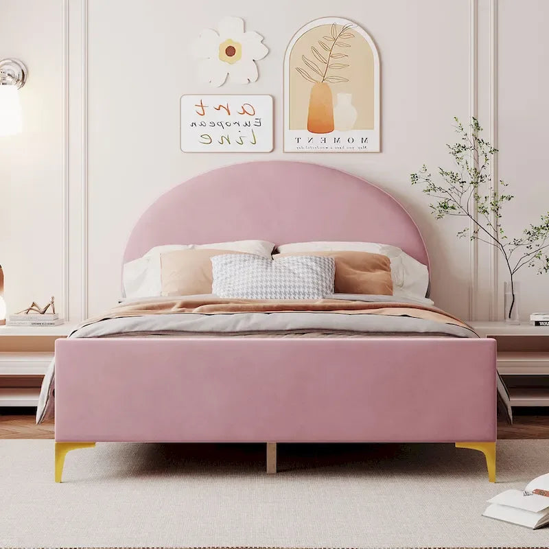 Upholstered Platform Bed with Classic Semi-circle Shaped headboard and Mental Legs