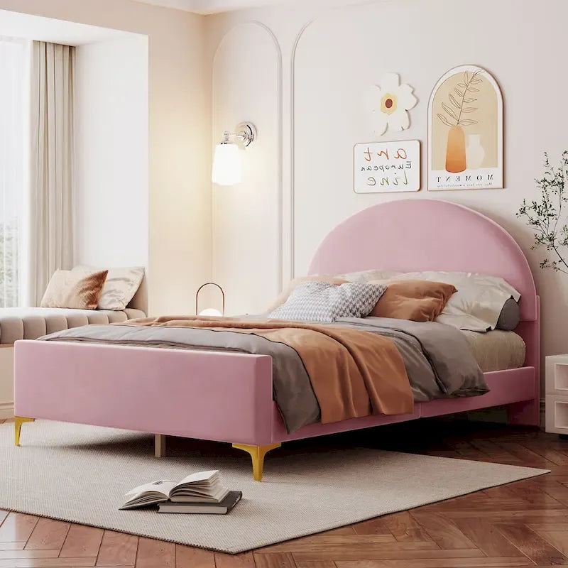 Upholstered Platform Bed with Classic Semi-circle Shaped headboard and Mental Legs