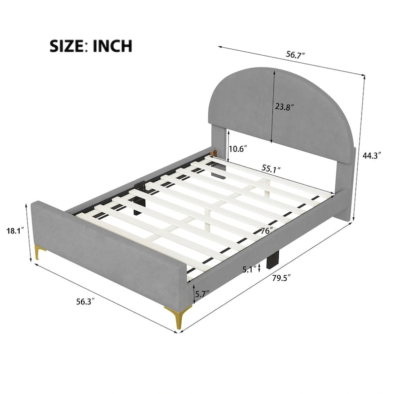 Upholstered Platform Bed with Classic Semi-circle Shaped headboard and Mental Legs