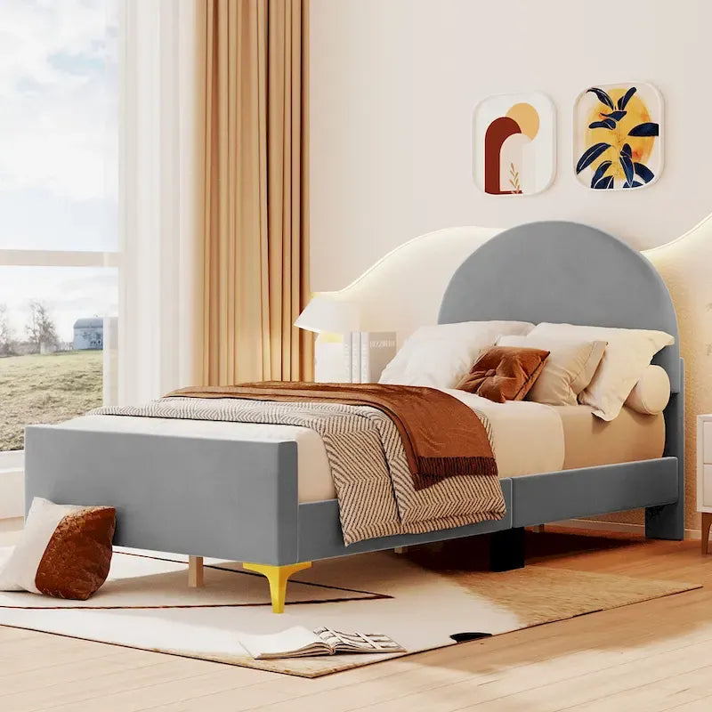Upholstered Platform Bed with Classic Semi-circle Shaped headboard and Mental Legs