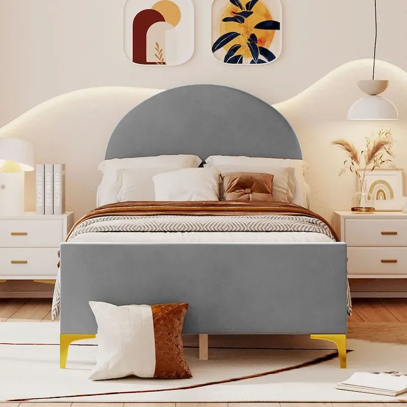 Upholstered Platform Bed with Classic Semi-circle Shaped headboard and Mental Legs