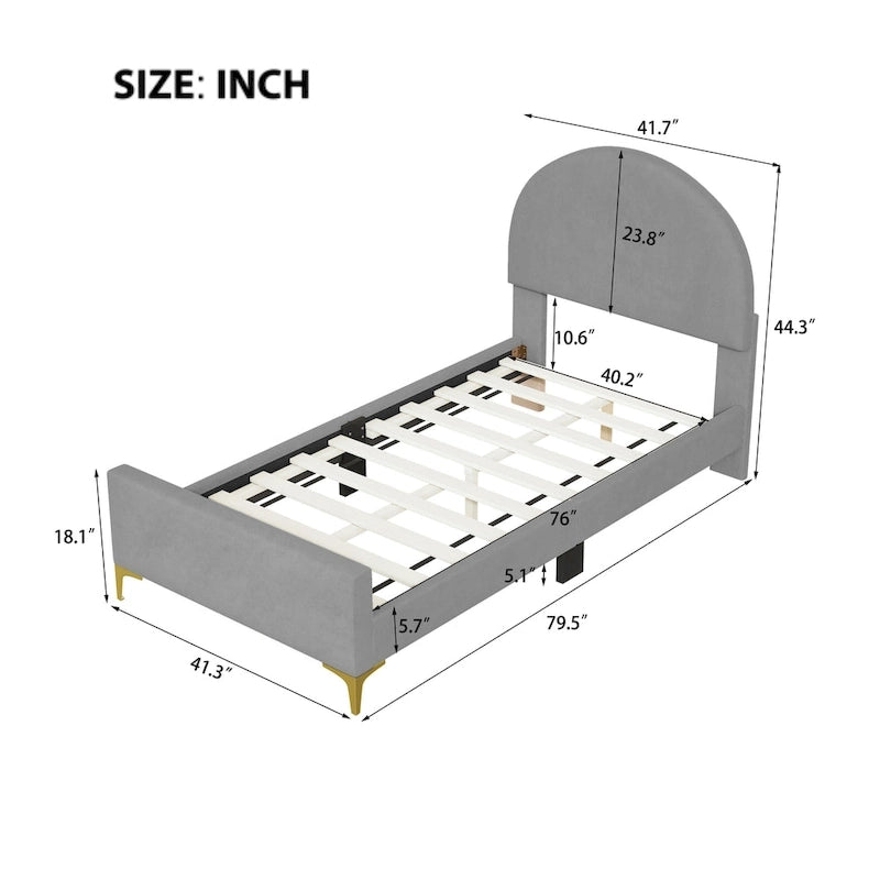 Upholstered Platform Bed with Classic Semi-circle Shaped headboard and Mental Legs
