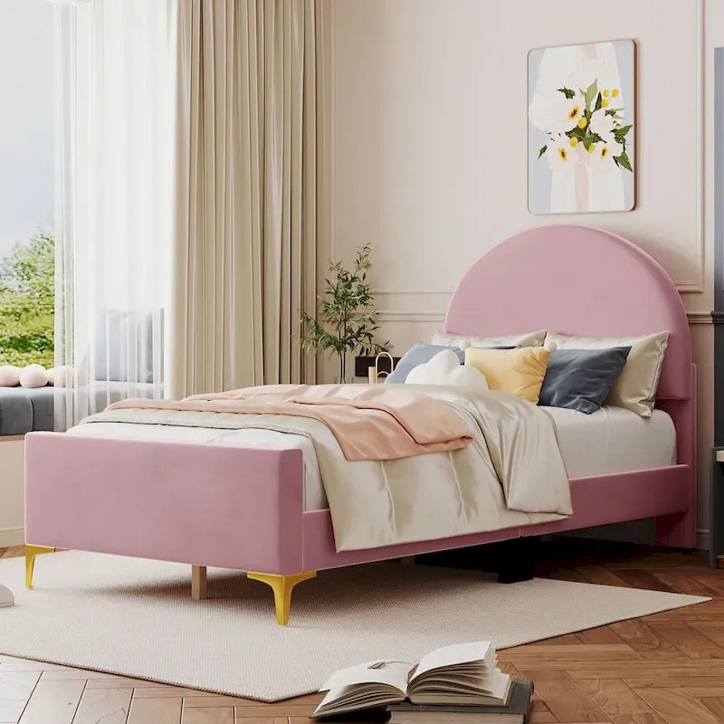 Upholstered Platform Bed with Classic Semi-circle Shaped headboard and Mental Legs