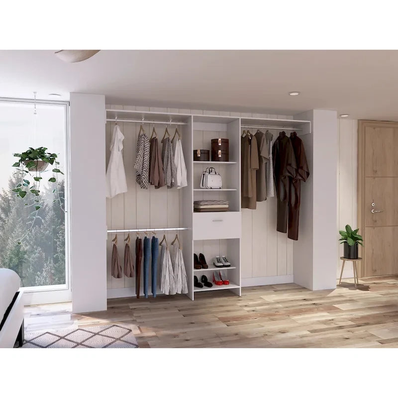 FM Furniture Cross Closet System with Drawer, 3 Metal Rods, and 5 Open Shelves
