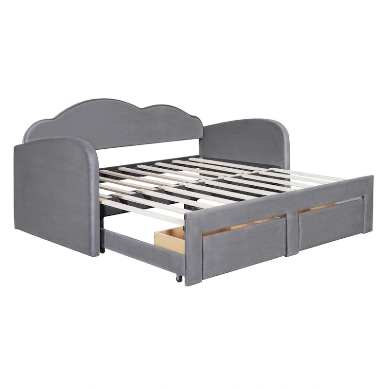 Twin Size Upholstered daybed with Cloud-Shaped Backrest, Trundle & 2 Drawers and USB Ports, Beige