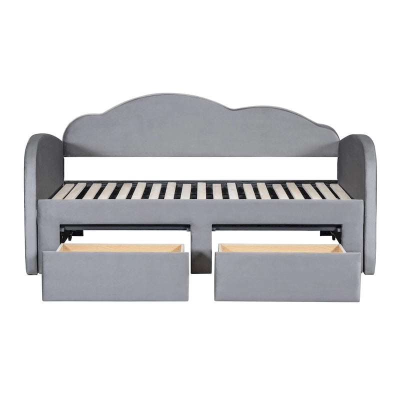 Twin Size Upholstered daybed with Cloud-Shaped Backrest, Trundle & 2 Drawers and USB Ports, Beige