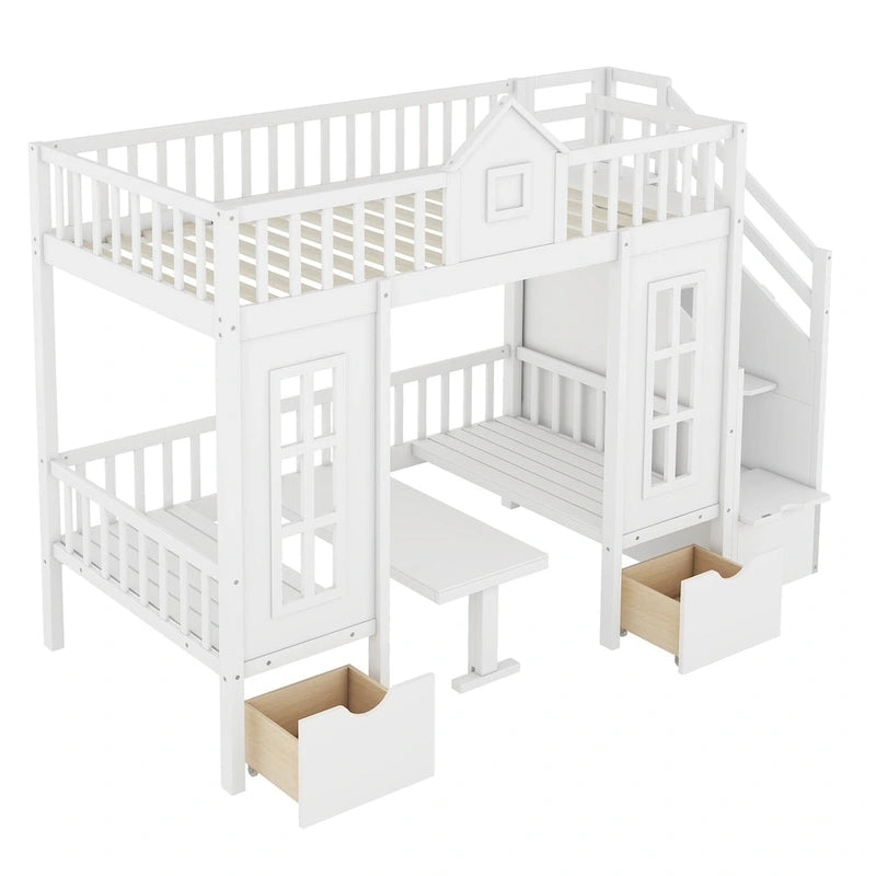 Twin-Over-Twin Bunk Bed with Changeable Table, Bunk Bed Turn into Upper Bed and Down Desk -Gray