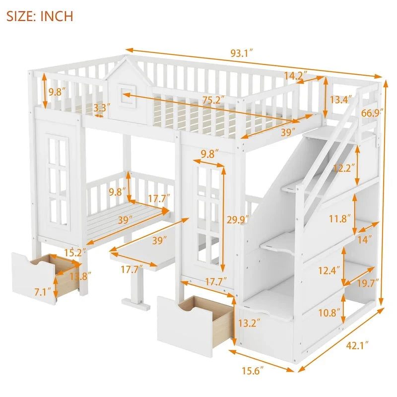 Twin-Over-Twin Bunk Bed with Changeable Table, Bunk Bed Turn into Upper Bed and Down Desk -Gray