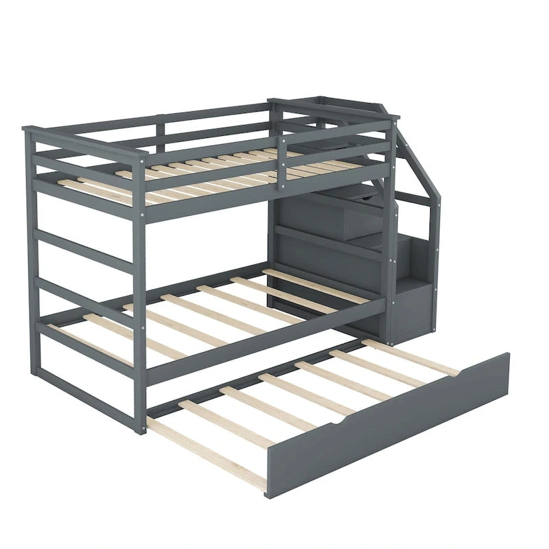 Twin-Over-Twin Bunk Bed with Twin Size Trundle and 3 Storage Stairs,Espresso