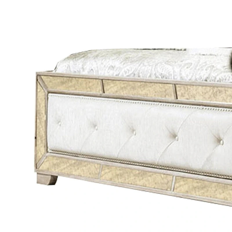 Leatherette Upholstered Wooden Queen Size Bed, Gold and Silver
