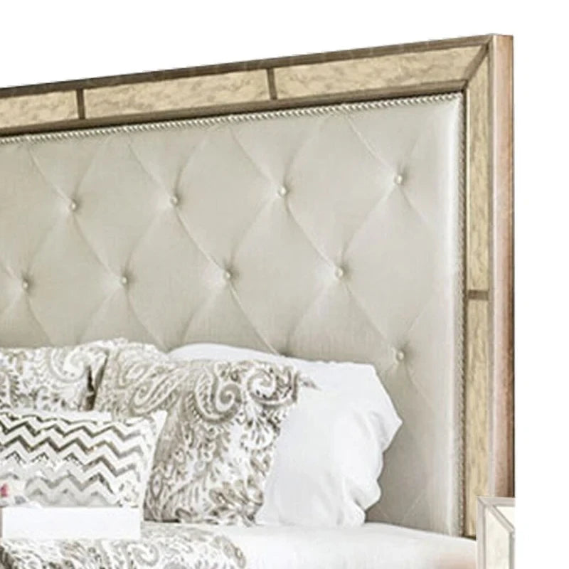 Leatherette Upholstered Wooden Queen Size Bed, Gold and Silver