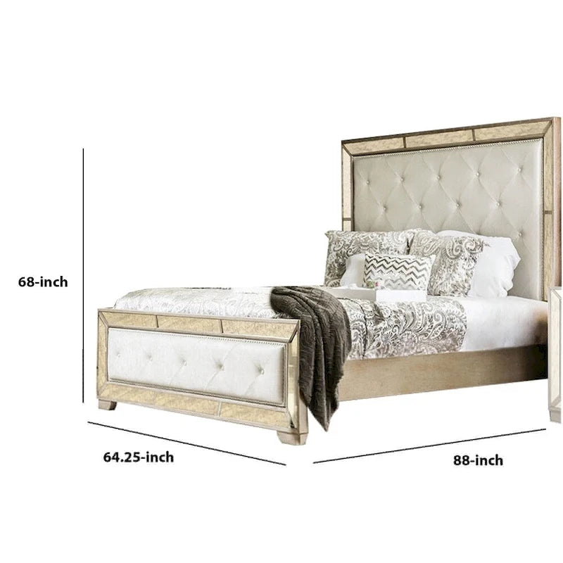 Leatherette Upholstered Wooden Queen Size Bed, Gold and Silver