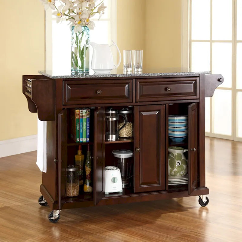 Crosley Full Size Granite Top Vintage Mahogany Kitchen Cart - 18d x 51.5w x 36h