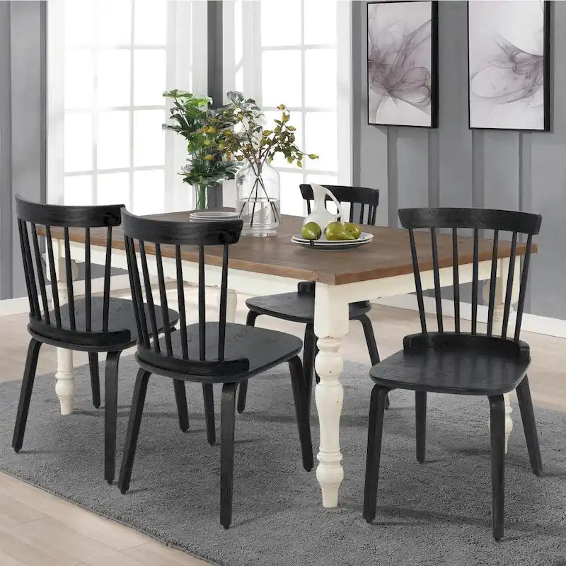 Farmhouse Spindle-back Windsor Dining Chairs with Bentwood Legs, Black - 33.5H x 17.72W x 19.7D