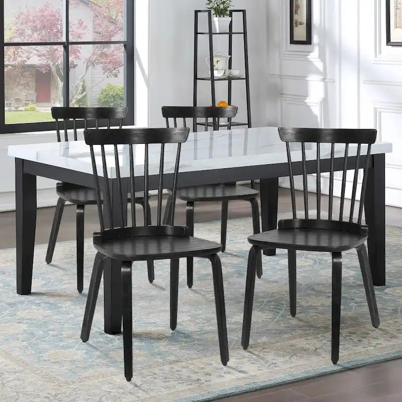 Farmhouse Spindle-back Windsor Dining Chairs with Bentwood Legs, Black - 33.5H x 17.72W x 19.7D
