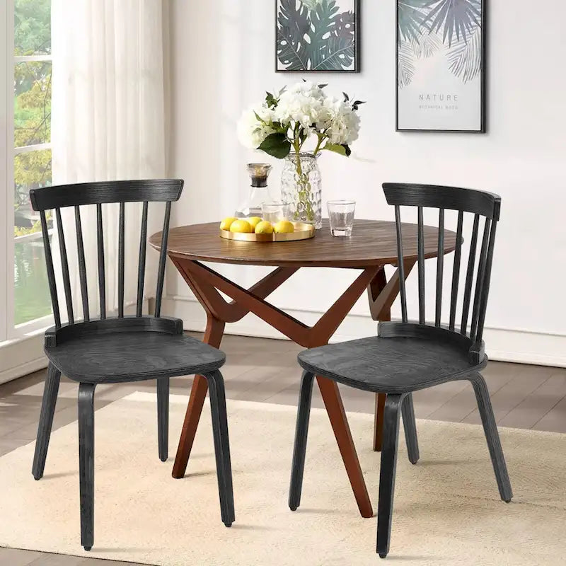 Farmhouse Spindle-back Windsor Dining Chairs with Bentwood Legs, Black - 33.5H x 17.72W x 19.7D