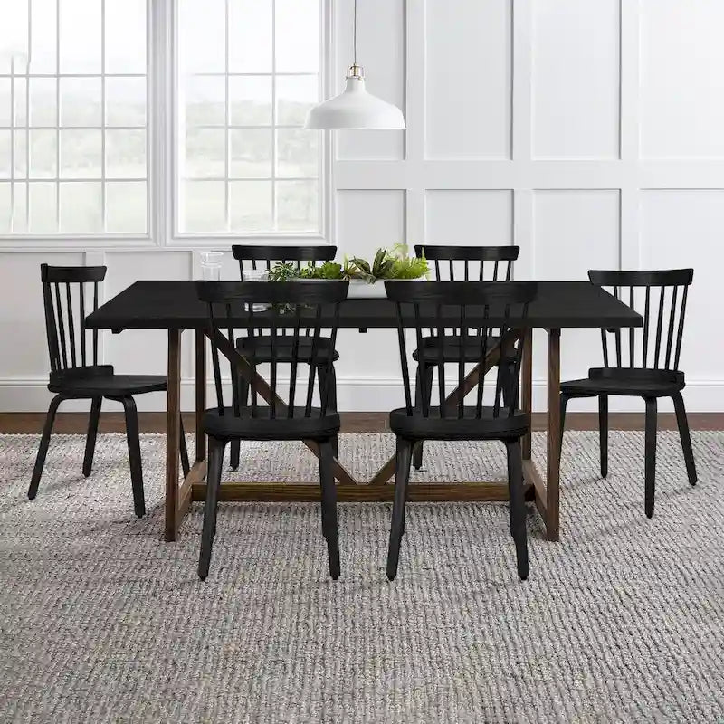 Farmhouse Spindle-back Windsor Dining Chairs with Bentwood Legs, Black - 33.5H x 17.72W x 19.7D