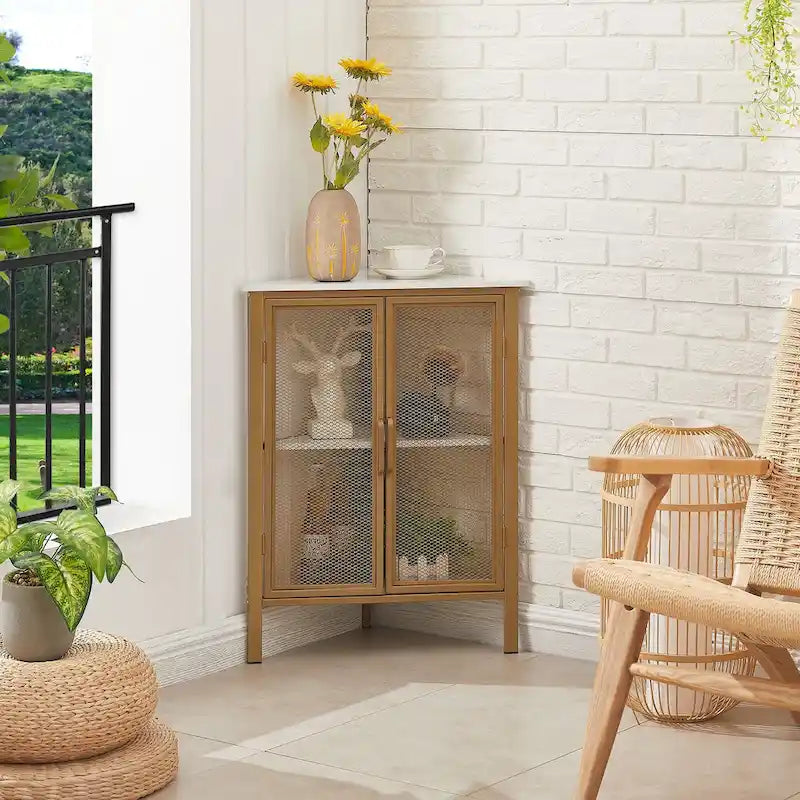Industrial Triangle Corner Table with Dual Door and 3-tier Shelf Storage Cabinet