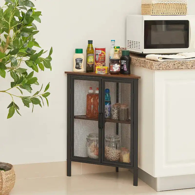 Industrial Triangle Corner Table with Dual Door and 3-tier Shelf Storage Cabinet