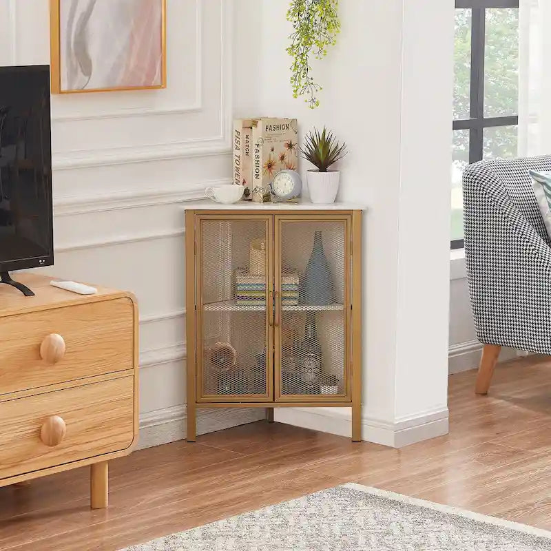 Industrial Triangle Corner Table with Dual Door and 3-tier Shelf Storage Cabinet