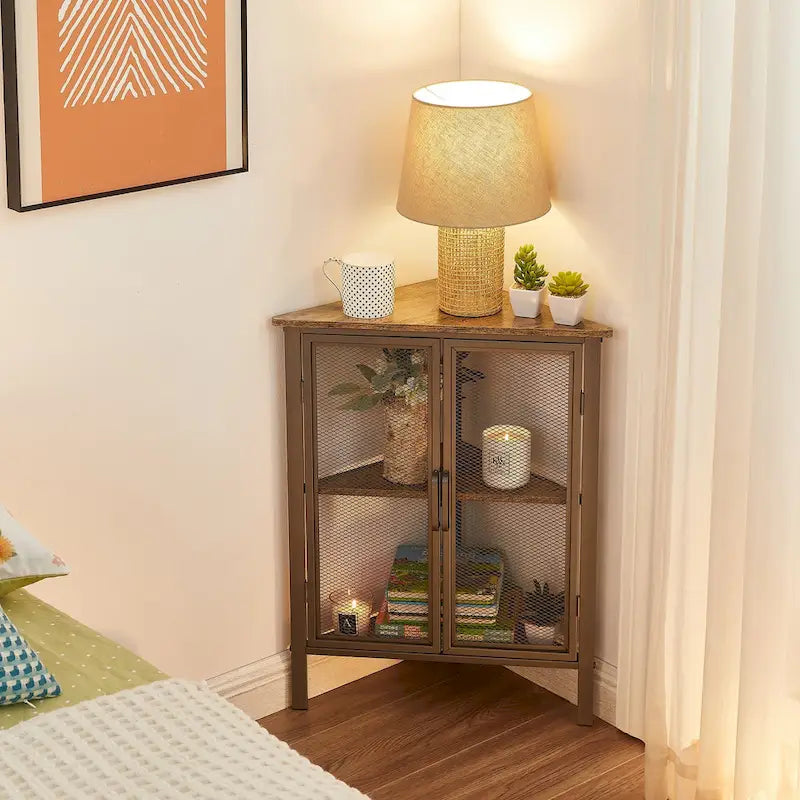 Industrial Triangle Corner Table with Dual Door and 3-tier Shelf Storage Cabinet