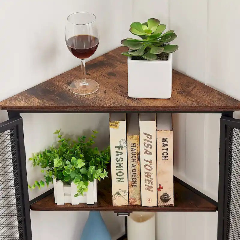 Industrial Triangle Corner Table with Dual Door and 3-tier Shelf Storage Cabinet