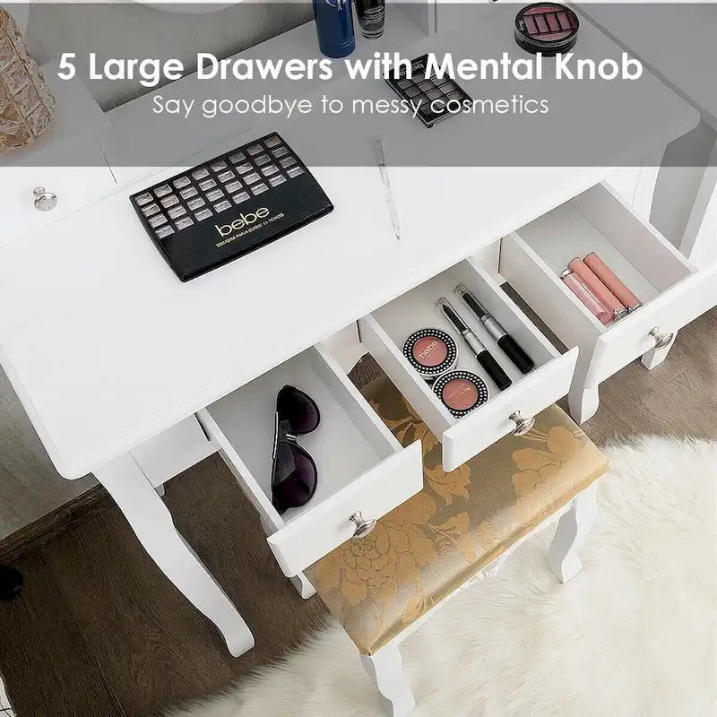 Costway Vanity Table Dressing Table 5 Make Up Table Stool