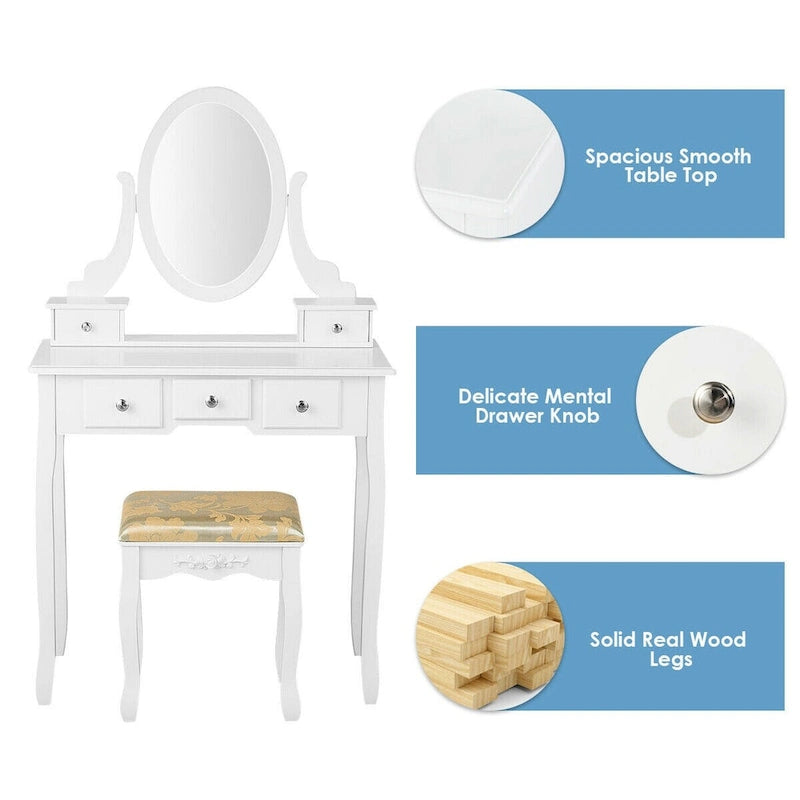 Costway Vanity Table Dressing Table 5 Make Up Table Stool