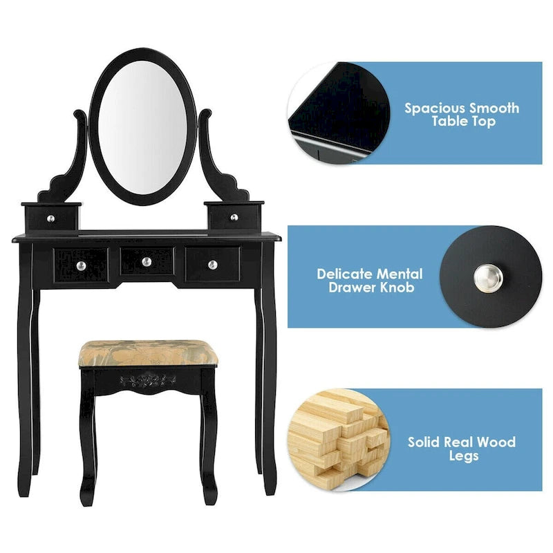 Costway Vanity Table Dressing Table 5 Make Up Table Stool