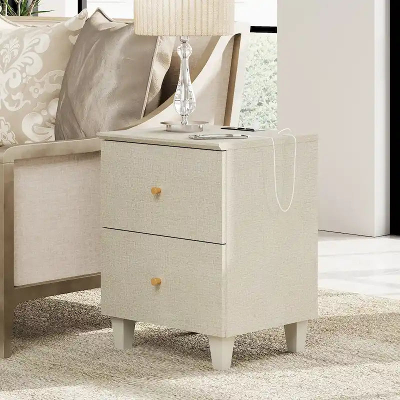 WAMPAT End Table with Charging Station and 2 Drawer for Living Room