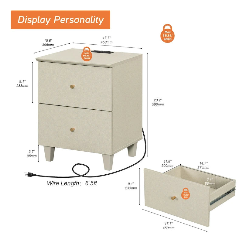 WAMPAT End Table with Charging Station and 2 Drawer for Living Room