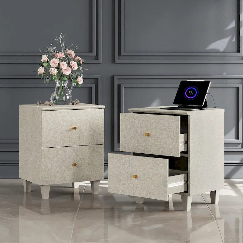 WAMPAT End Table with Charging Station and 2 Drawer for Living Room