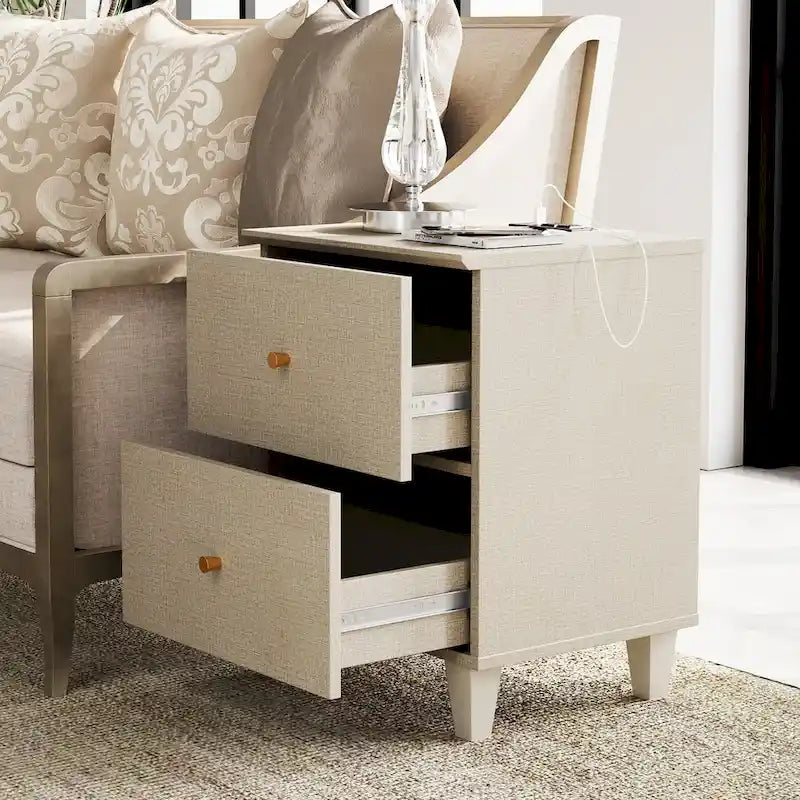 WAMPAT End Table with Charging Station and 2 Drawer for Living Room