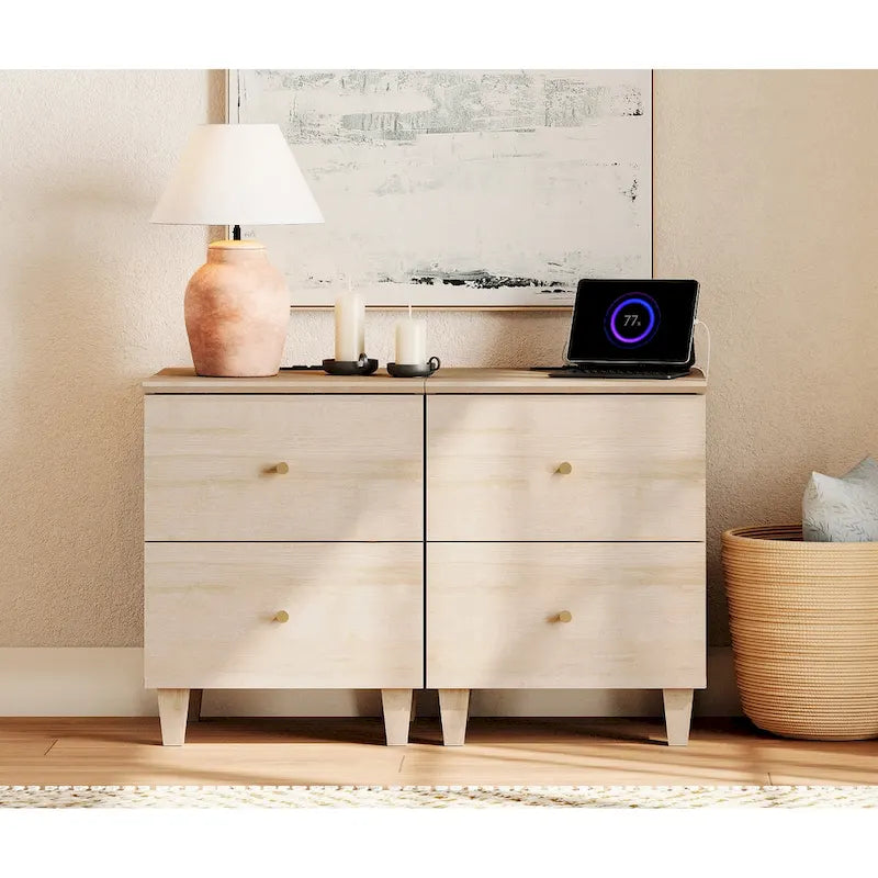 WAMPAT End Table with Charging Station and 2 Drawer for Living Room