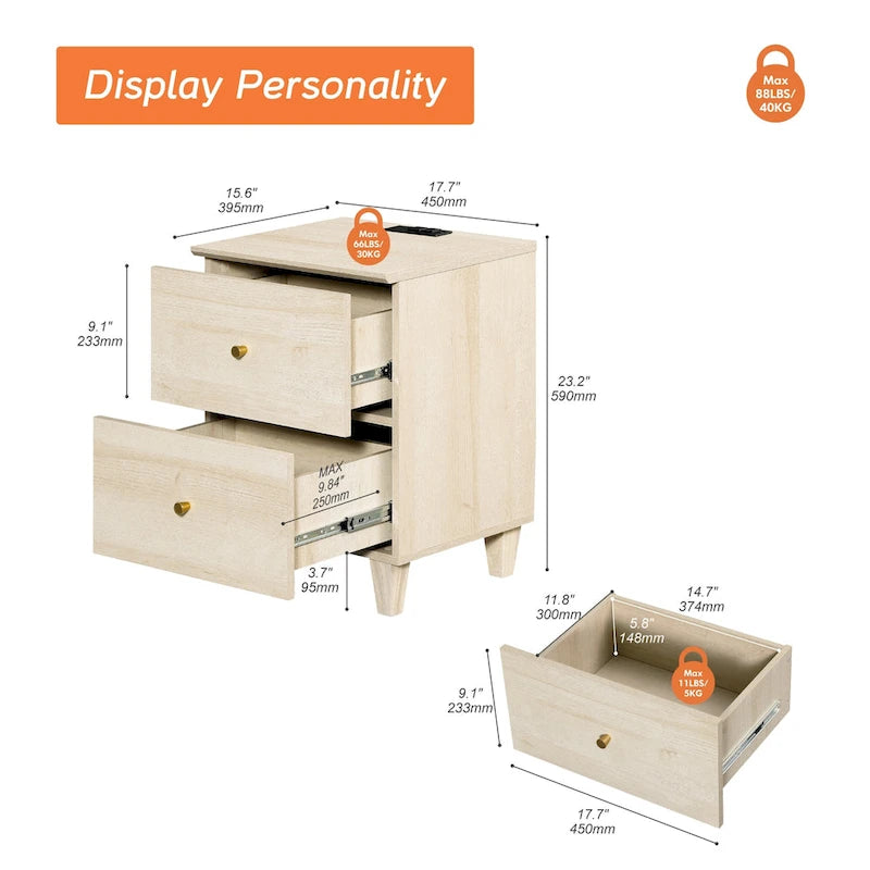 WAMPAT End Table with Charging Station and 2 Drawer for Living Room