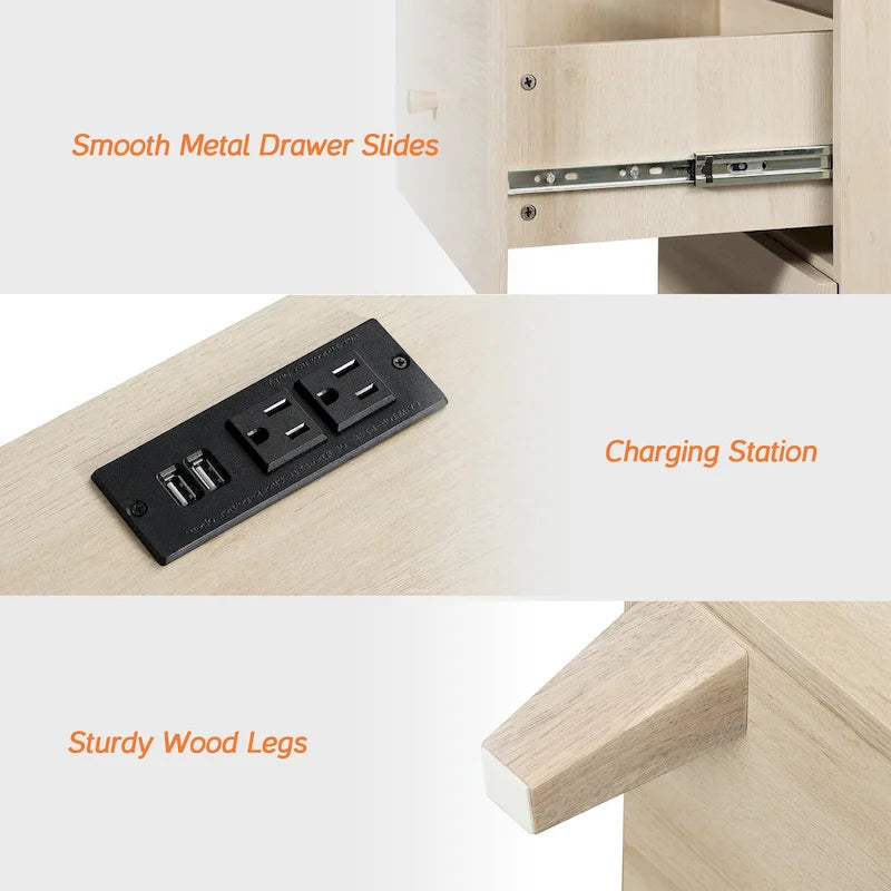 WAMPAT End Table with Charging Station and 2 Drawer for Living Room