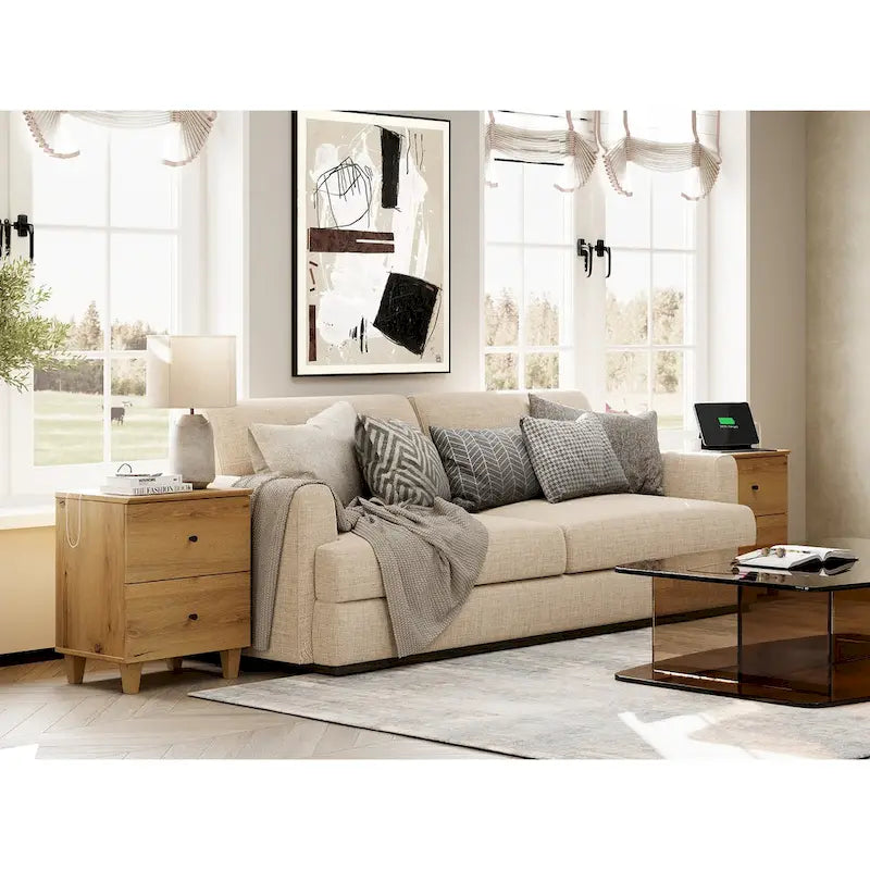 WAMPAT End Table with Charging Station and 2 Drawer for Living Room