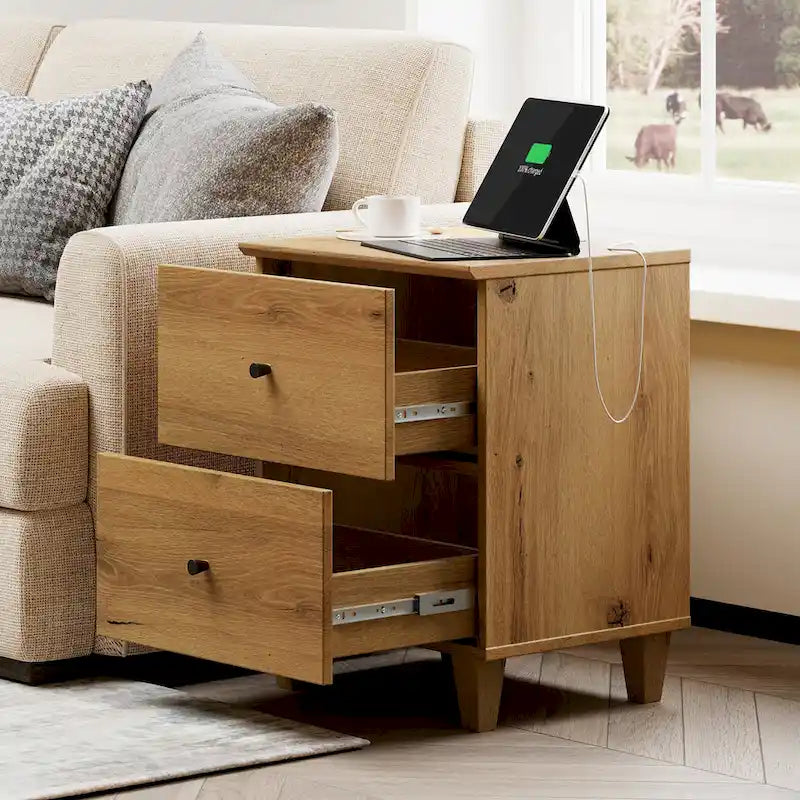 WAMPAT End Table with Charging Station and 2 Drawer for Living Room