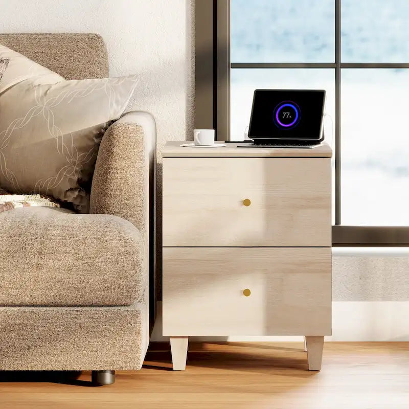 WAMPAT End Table with Charging Station and 2 Drawer for Living Room
