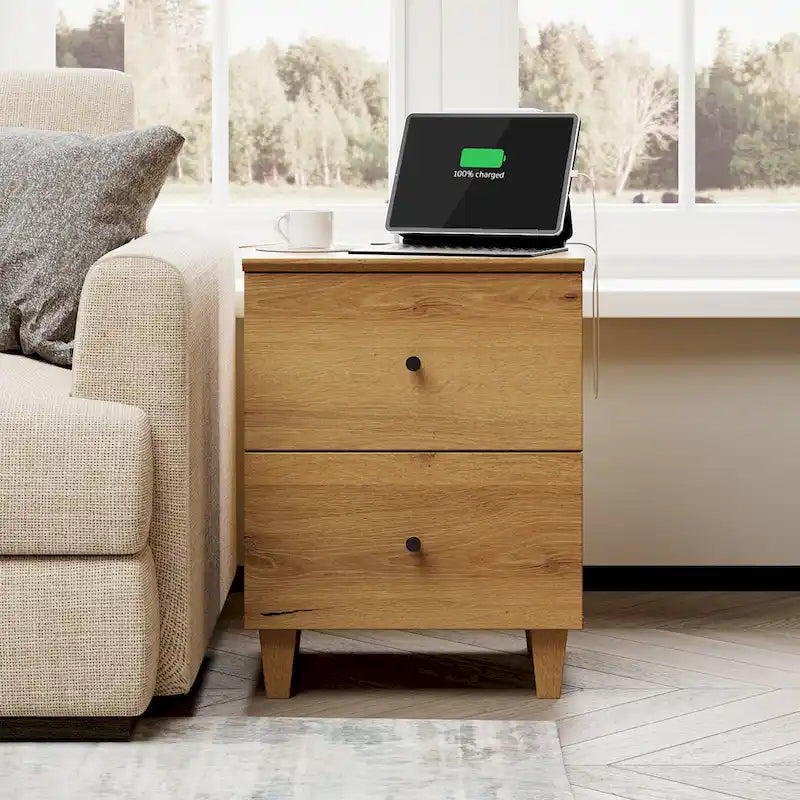 WAMPAT End Table with Charging Station and 2 Drawer for Living Room