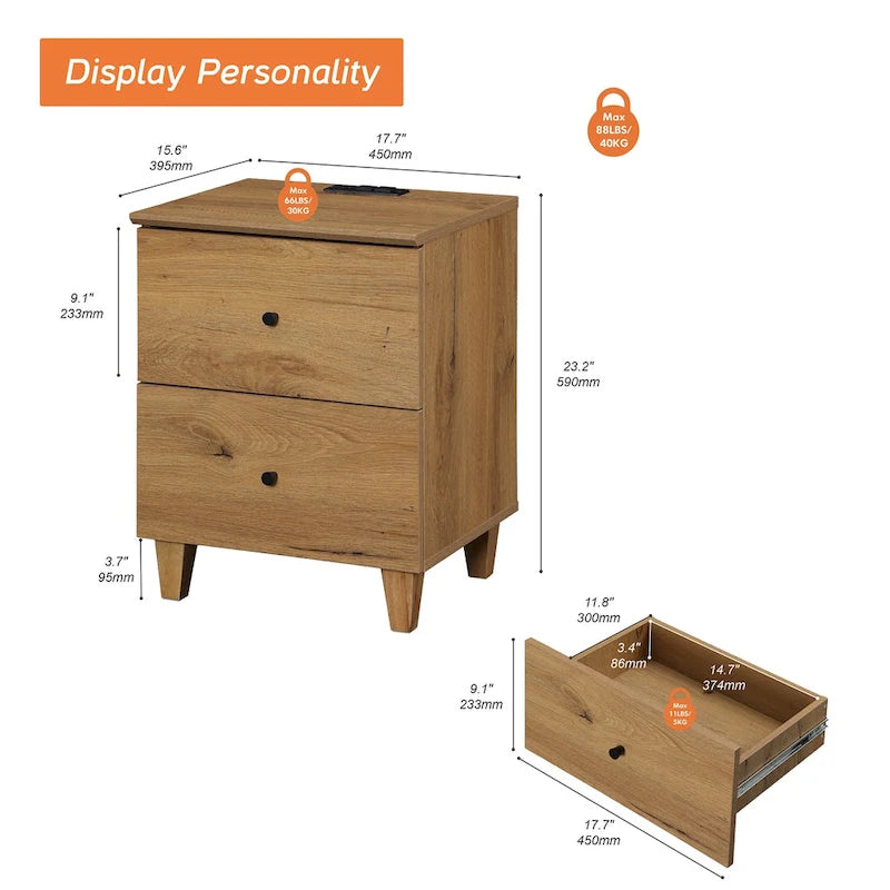 WAMPAT End Table with Charging Station and 2 Drawer for Living Room