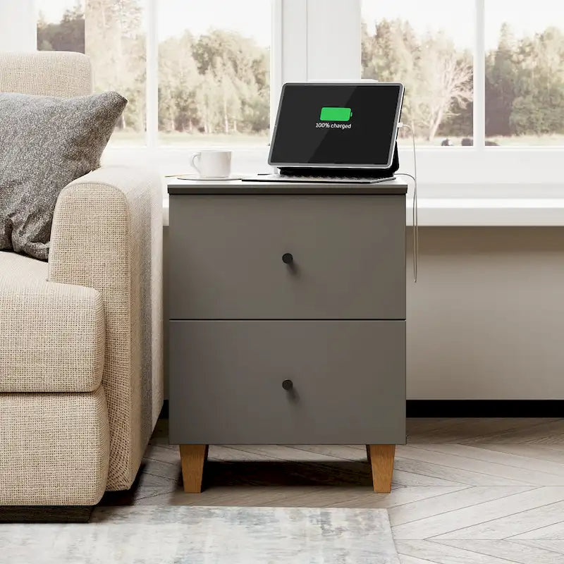 WAMPAT End Table with Charging Station and 2 Drawer for Living Room