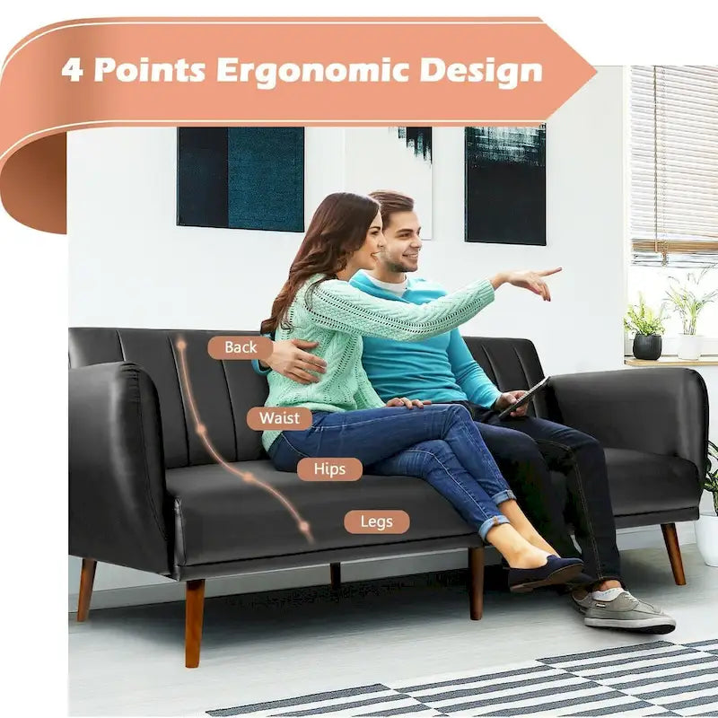Convertible Futon Sofa Bed PU Leather Adjustable Couch Sleeper with Wood Legs - 81 x 33.5 x 31.5 (L x W x H)
