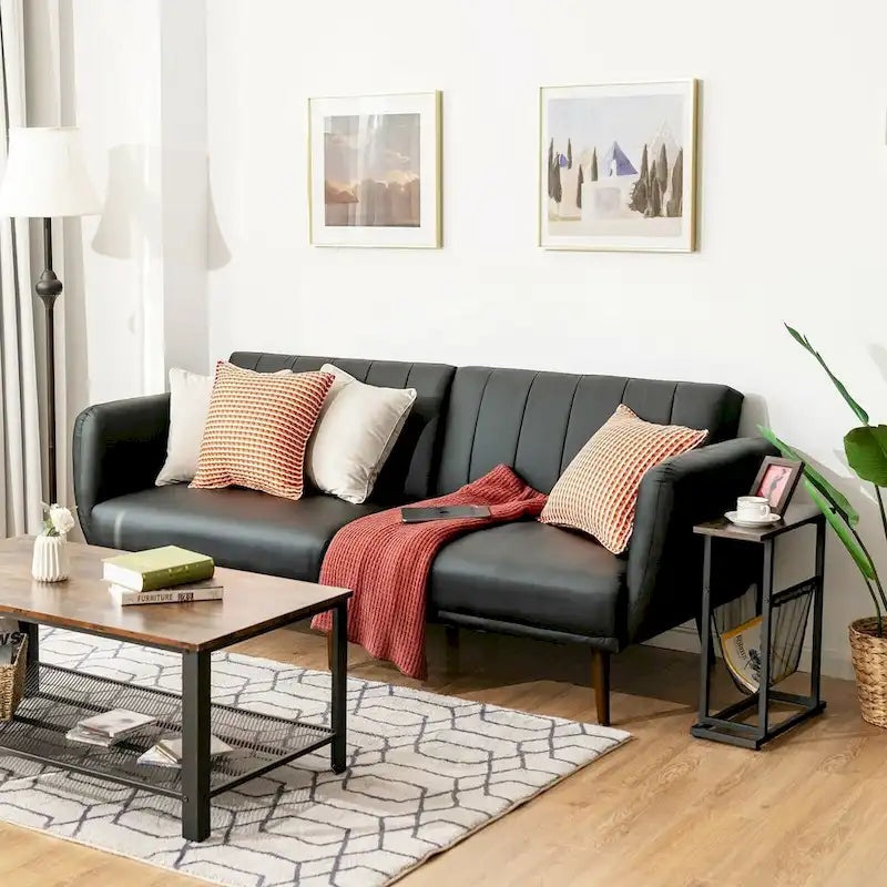 Convertible Futon Sofa Bed PU Leather Adjustable Couch Sleeper with Wood Legs - 81 x 33.5 x 31.5 (L x W x H)