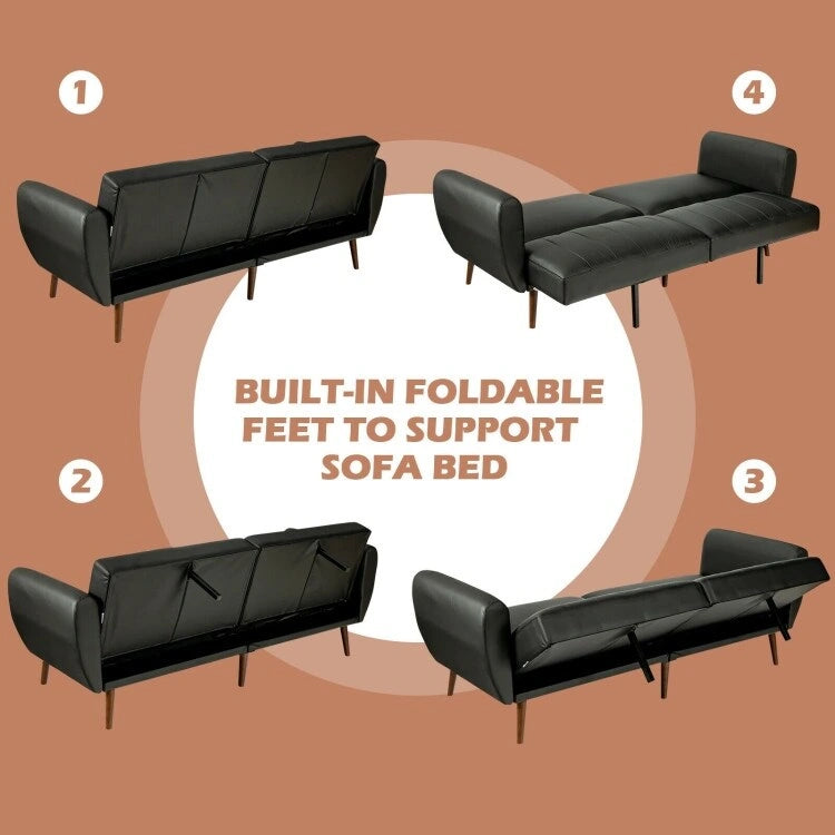 Convertible Futon Sofa Bed PU Leather Adjustable Couch Sleeper with Wood Legs - 81 x 33.5 x 31.5 (L x W x H)