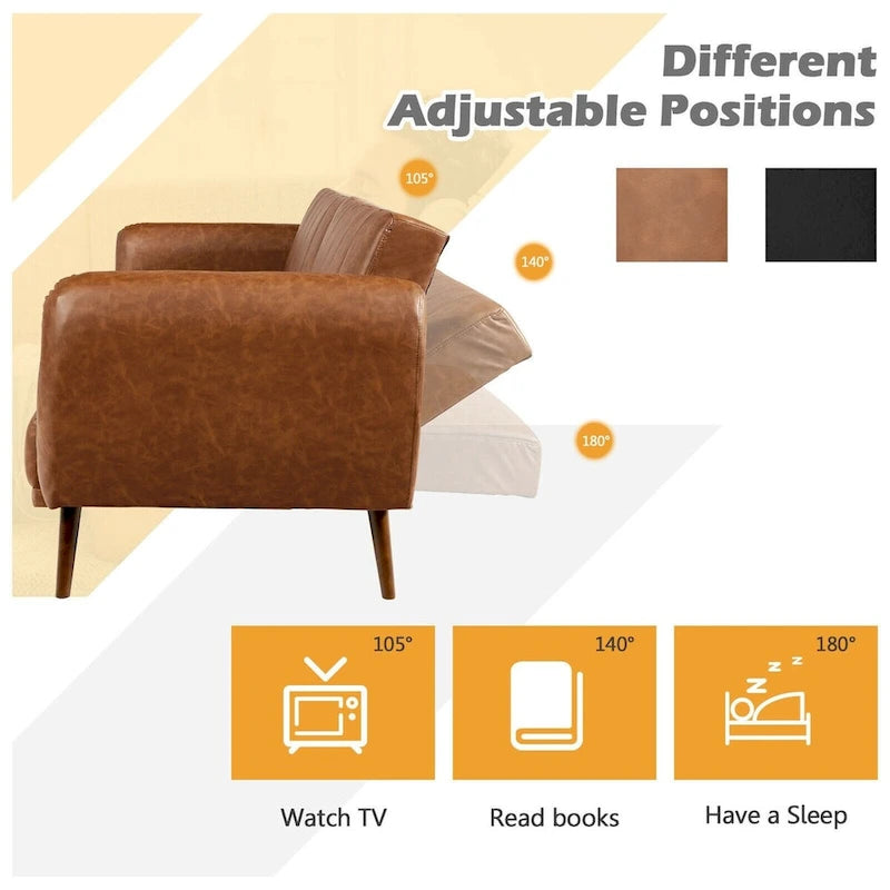 Convertible Futon Sofa Bed PU Leather Adjustable Couch Sleeper with Wood Legs - 81 x 33.5 x 31.5 (L x W x H)