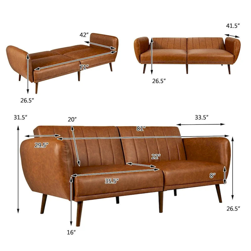 Convertible Futon Sofa Bed PU Leather Adjustable Couch Sleeper with Wood Legs - 81 x 33.5 x 31.5 (L x W x H)