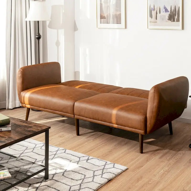 Convertible Futon Sofa Bed PU Leather Adjustable Couch Sleeper with Wood Legs - 81 x 33.5 x 31.5 (L x W x H)