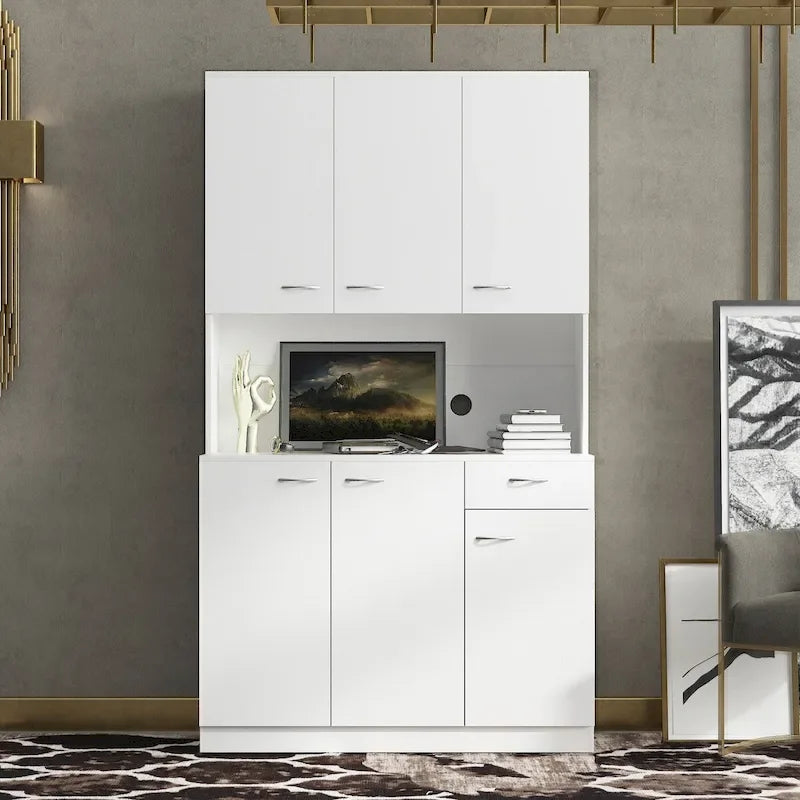 Rustic Farmhouse Tall Wardrobe, Armoire with Shelves, Open Compartment and Drawer, Freestanding Storage Closet Wardrobe Cabinet