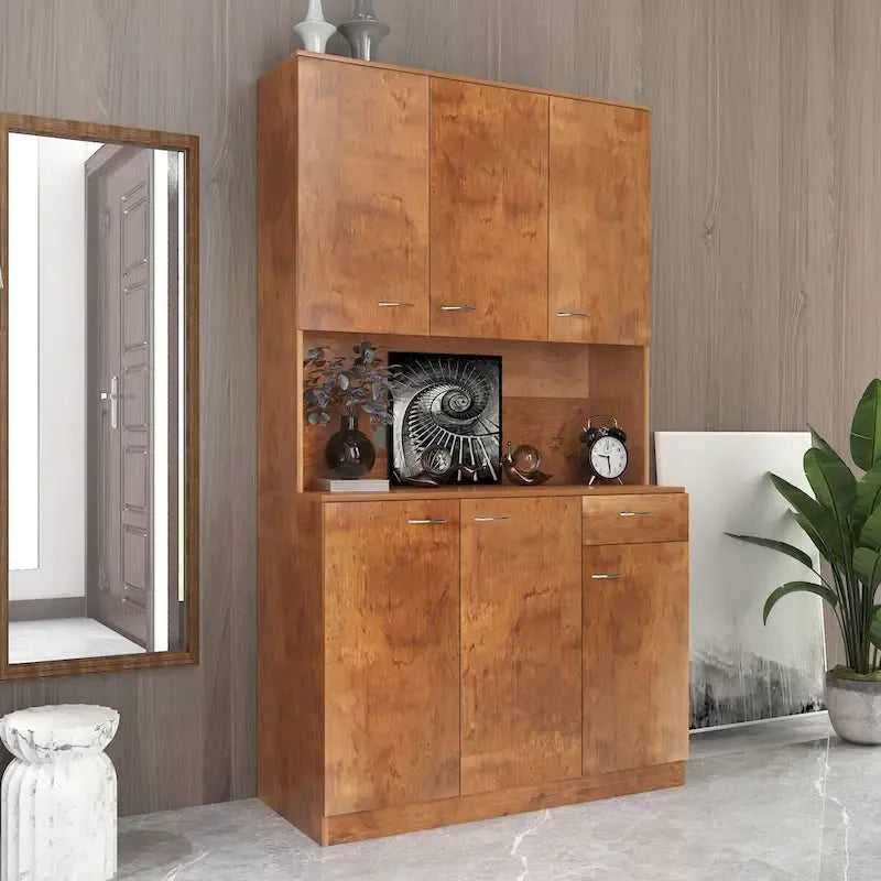 Rustic Farmhouse Tall Wardrobe, Armoire with Shelves, Open Compartment and Drawer, Freestanding Storage Closet Wardrobe Cabinet